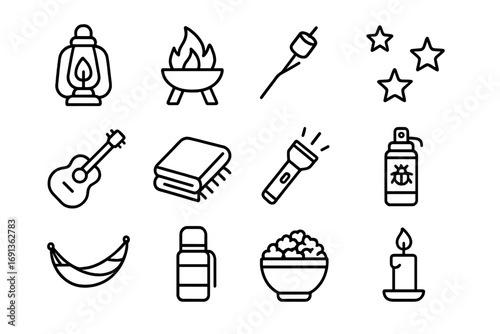 Evening Backyard Icons. Outline icon set of evening backyard fun: lantern, fire pit, marshmallow stick, guitar