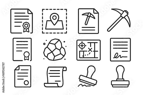 Mineral Rights Icons. Outline icon set of mineral rights ownership: land deed, property boundary, mining