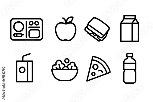 School Meals Icons. Outline icon set of school meals: lunch tray, apple, sandwich, milk carton, juice box, salad, pizza slice,