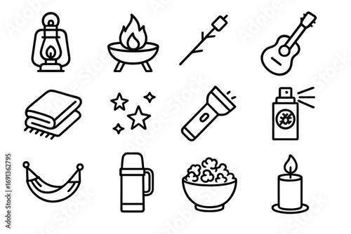 Evening Backyard Icons. Outline icon set of evening backyard fun: lantern, fire pit, marshmallow stick, guitar