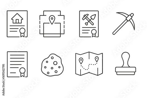 Mineral Rights Icons. Outline icon set of mineral rights ownership: land deed, property boundary, mining