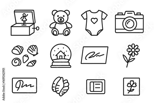 Sentimental Icons Collection. Outline icon set of sentimental items: music box, childhood toy, baby clothes,