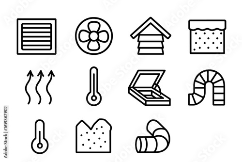 Attic Ventilation Icons. Outline icon set of attic ventilation: vent cover, fan, louver, insulation, airflow