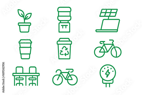 Sustainable Office Icons. Outline icon set of green office initiatives: desk plant, water cooler,
