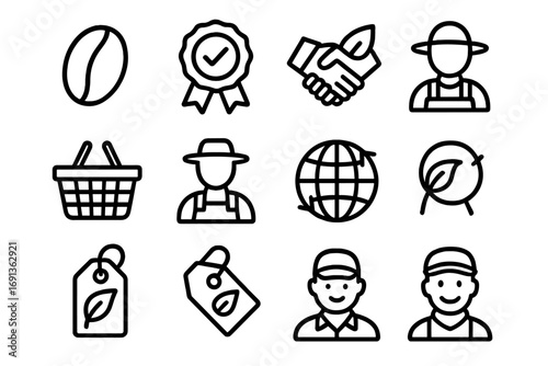 Fair Trade Icons Grid. Outline icon set of fair trade: coffee bean, certification badge, handshake with leaf,