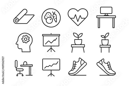 Workplace Wellness Icons. Outline icon set of workplace wellness: yoga mat, healthy food plate, heart monitor,