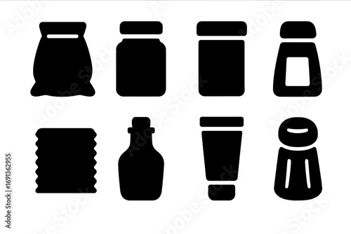 Seasoning Icon Set. Solid, filled icon set of seasoning packaging: spice bag, glass jar, metal tin, plastic container, sachet,