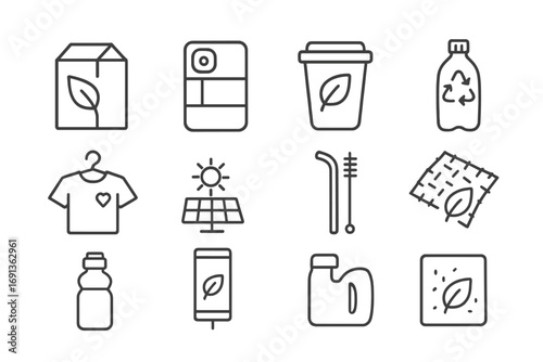 Sustainable Design Icons. Outline icon set of sustainable product design: eco packaging, modular phone,