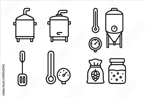 Craft Beer Icon Set. Outline icon set of craft beer brewing: brew kettle, mash tun, fermentation tank,
