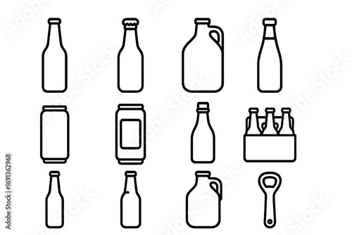 Beer Icon Collection. Outline icon set of beer bottles and cans: glass bottle, capped bottle, growler,