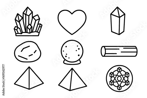 Crystal Icon Set. Outline icon set of healing crystals: amethyst cluster, rose quartz heart, clear quartz