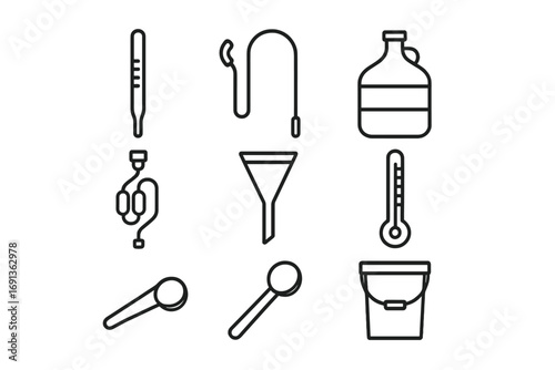 Home Brewing Tools. Outline icon set of home brewing tools: hydrometer, siphon tube, carboy, airlock, funnel,
