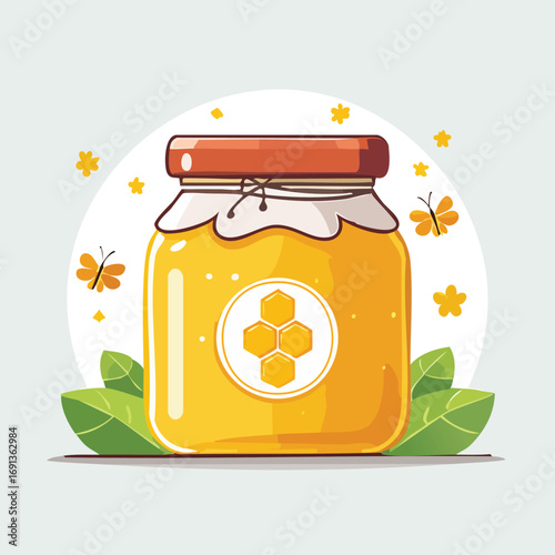A cute cartoon jar of golden honey with a bee symbol on the label and a wooden dipper. A sweet vector illustration for food and nature concepts. Generative AI