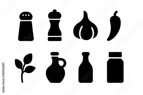 Seasoning Icon Grid. Solid, filled icon set of onion and bean seasoning: salt shaker, pepper grinder, garlic bulb, chili pepper,