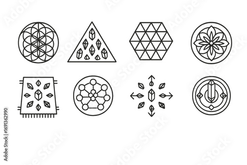 Crystal Grid Icons. Outline icon set of crystal grids: geometric flower of life, triangle grid, hexagon