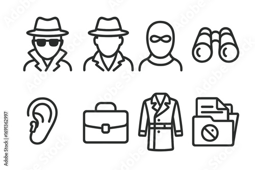 Secret Agent Icons. Outline icon set of secret agents: spy, detective, masked figure, binoculars, earpiece, briefcase, trench coat