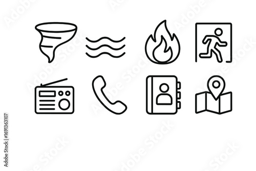 Disaster Preparedness Icons. Outline icon set of disaster preparedness contacts: tornado icon, flood waves,