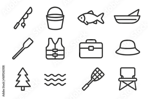 Family Fishing Icons. Outline icon set of family fishing and lakeside activities: fishing rod, bucket, fish, boat, oar, life