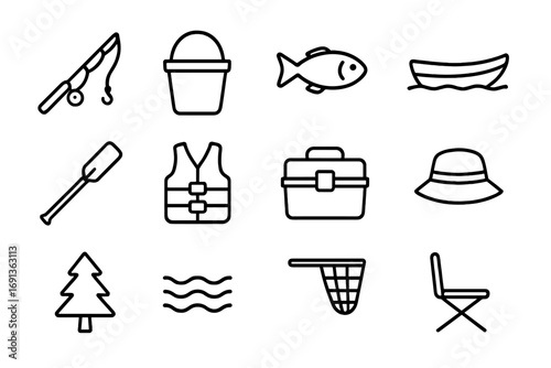 Family Fishing Icons. Outline icon set of family fishing and lakeside activities: fishing rod, bucket, fish, boat, oar, life