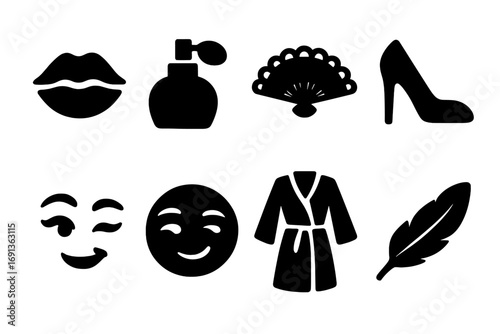 Seductive Icon Set. Solid, filled icon set of seduction: kiss lips, perfume bottle, lace fan, high heel, wink eye, teasing smile,