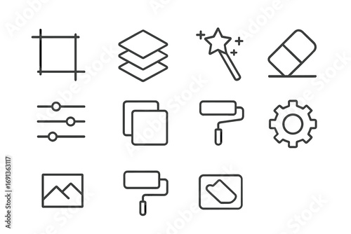 AI Image Editing Icons. Outline icon set of image editing with AI: crop tool, layers icon, magic wand, eraser,