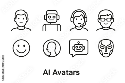 AI Avatar Icons. Outline icon set of AI avatars: human face, robot avatar, headset, glasses, smiling emoji,