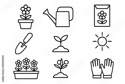 Edible Flower Icon Set. Outline icon set of growing edible flowers: flower pot, watering can, seed packet,