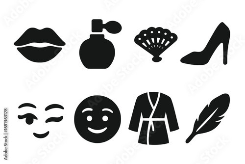 Seductive Icon Set. Solid, filled icon set of seduction: kiss lips, perfume bottle, lace fan, high heel, wink eye, teasing smile,