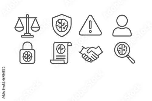 Ethical AI Icon Set. Outline icon set of ethical AI art: balance scale, shield, warning triangle, user profile