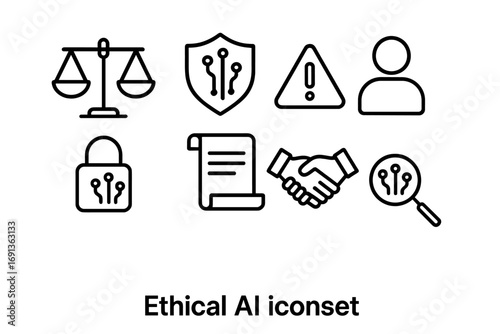 Ethical AI Icon Set. Outline icon set of ethical AI art: balance scale, shield, warning triangle, user profile