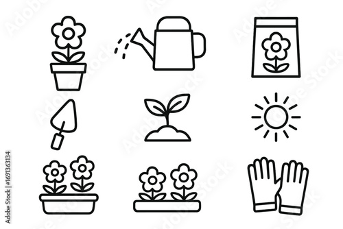 Edible Flower Icon Set. Outline icon set of growing edible flowers: flower pot, watering can, seed packet,