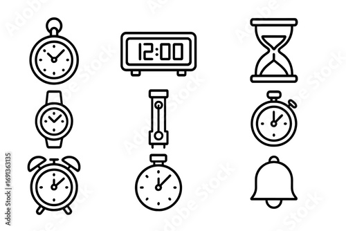 Timepiece Icon Set. Outline icon set of clocks and watches: pocket watch, digital clock, sundial, hourglass,