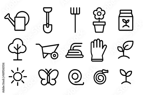 Family Gardening Icons. Outline icon set of family gardening activities: watering can, shovel, rake, flower pot, tree, wheelbarrow