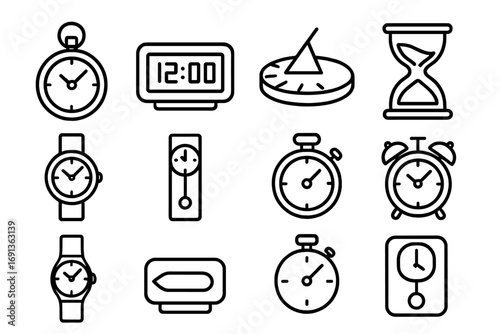 Timepiece Icon Set. Outline icon set of clocks and watches: pocket watch, digital clock, sundial, hourglass,