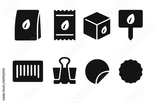 Seed Packaging Icons. Solid, filled icon set of seed packaging: paper seed envelope, plastic seed bag, box, label, barcode, clip,