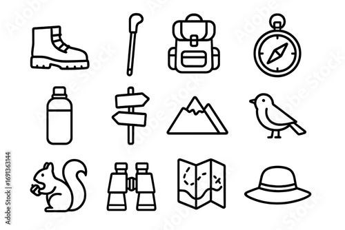 Family Hiking Icons. Outline icon set of family hiking adventures: hiking boots, walking stick, backpack, compass, water flask,