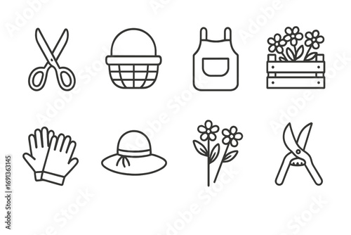 Edible Flower Harvesting Icons. Outline icon set of edible flower harvesting: scissors, wicker basket, apron,