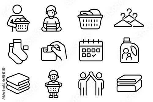 Family Laundry Icons. Outline icon set of family laundry routines: parent with basket, child folding clothes, shared laundry