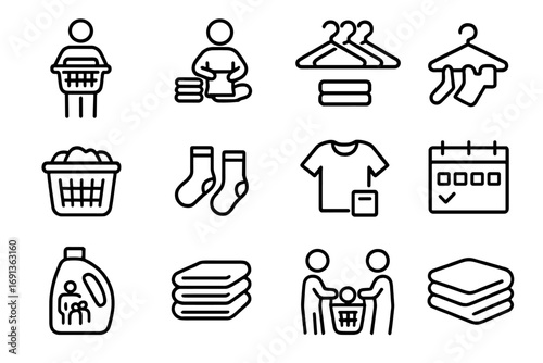 Family Laundry Icons. Outline icon set of family laundry routines: parent with basket, child folding clothes, shared laundry
