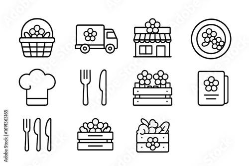 Edible Flowers Icon Set. Outline icon set of farm-to-table edible flowers: flower basket, delivery truck,