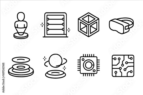 Futuristic Time Travel Icons. Outline icon set of futuristic time travel: digital hologram, laser gate, neon