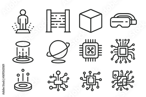 Futuristic Time Travel Icons. Outline icon set of futuristic time travel: digital hologram, laser gate, neon
