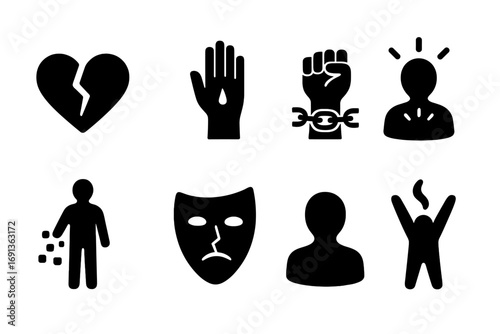 Icons of Self-Sacrifice. Solid, filled icon set of self-sacrifice symbols: broken heart, hand with cut, chained wrist, glowing