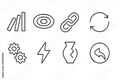 Cause and Effect Icons. Outline icon set of cause and effect: domino row, ripple wave, chain link, arrows