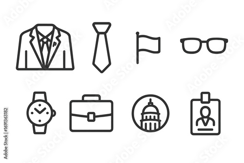 Senator Attire Icons. Outline icon set of senator attire and symbols: suit, tie, flag pin, glasses, watch, briefcase, lapel pin,