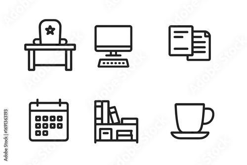 Senator Office Icons. Outline icon set of senator office: desk, chair, computer, documents, phone, calendar, bookshelf, coffee cup