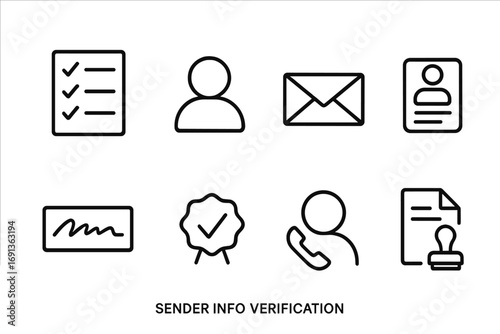 Sender Verification Icons. Outline icon set of sender info verification: checklist, user avatar, mail envelope, ID card, signature