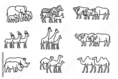 Herd Animals Icons. Outline icon set of herds of wild animals: elephants, zebras, wildebeests, antelopes,