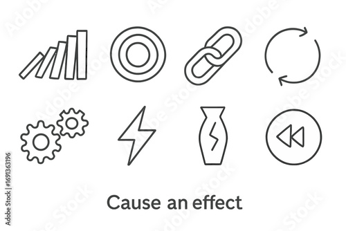 Cause and Effect Icons. Outline icon set of cause and effect: domino row, ripple wave, chain link, arrows