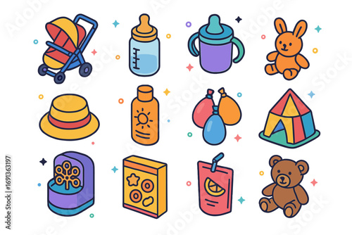 Family Picnic Icons. Colorful isometric vector icons set of family-friendly picnic essentials: stroller, baby bottle, sippy cup,
